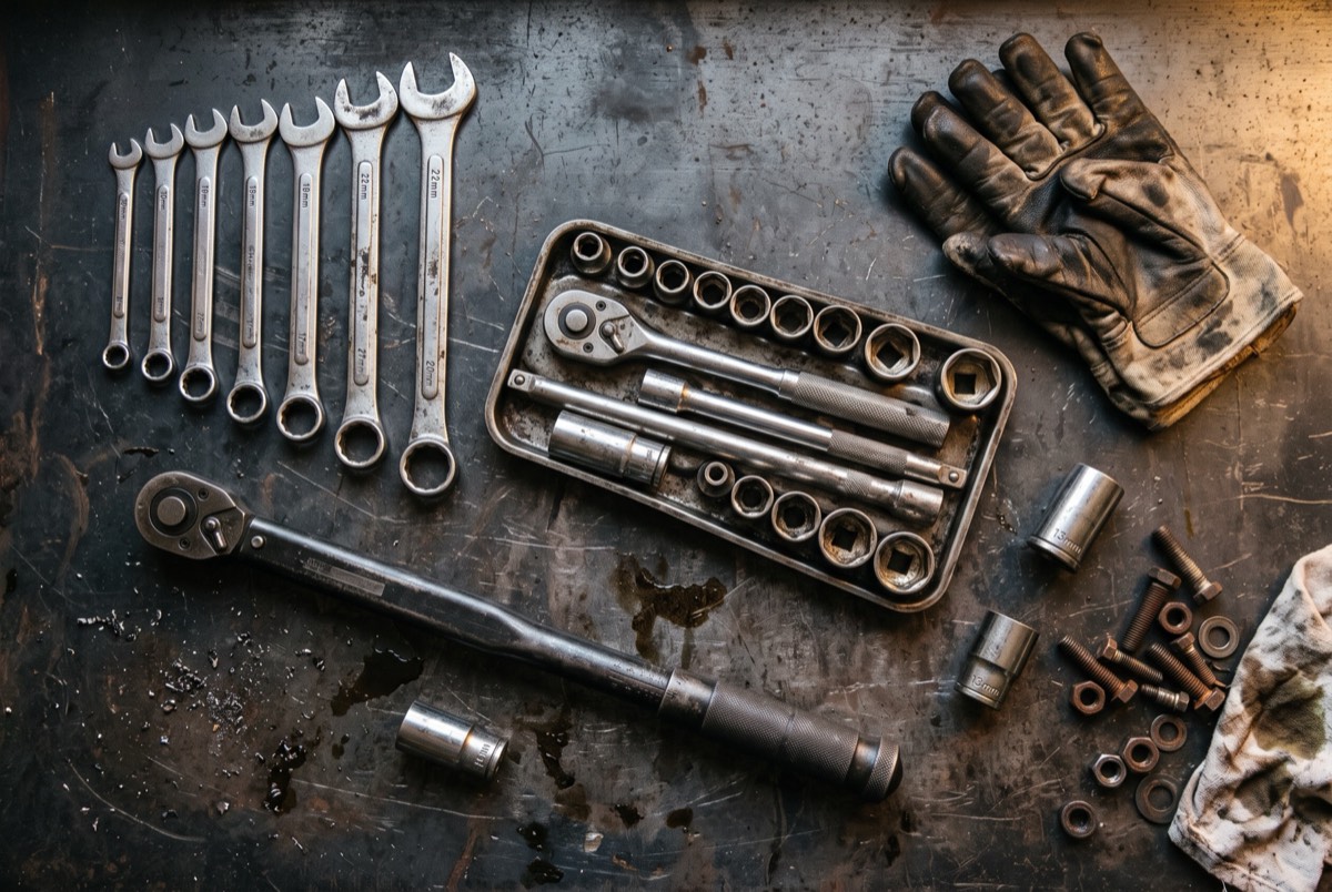 Handgereedschap op de werkbank: ringsleutels, doppenset en momentsleutel
