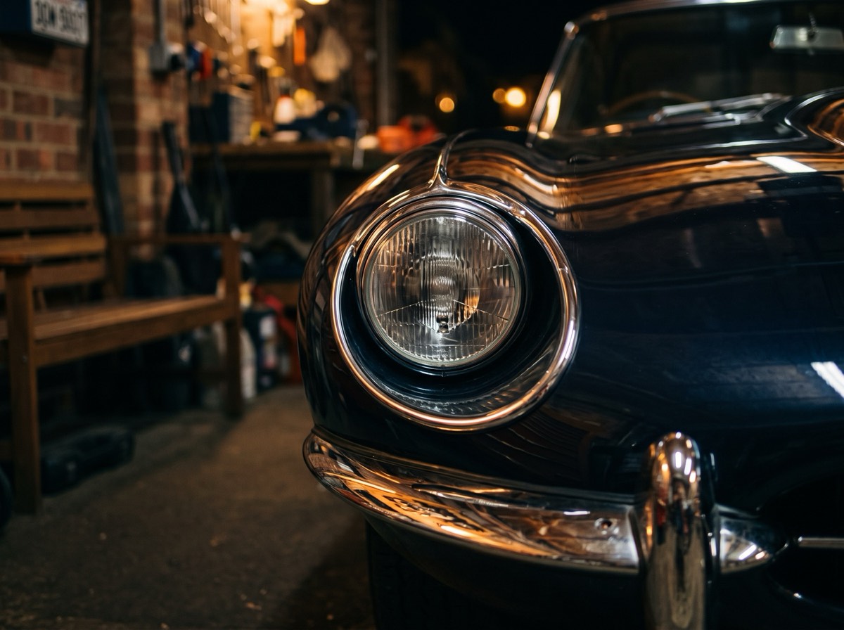 Chromen koplamp en bumper van een klassieker in de werkplaats