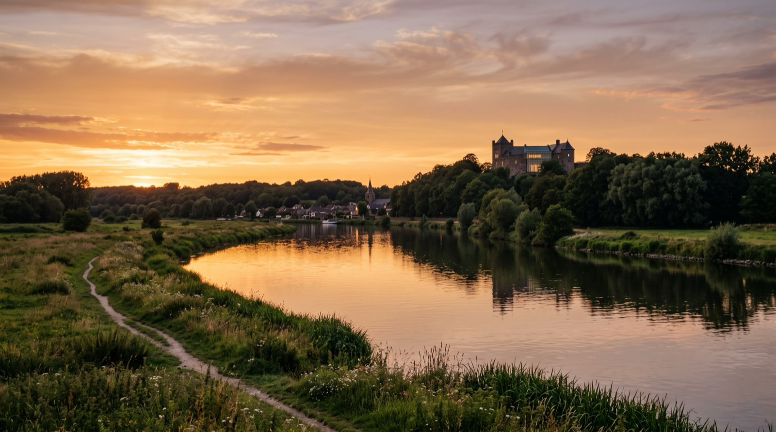 De Maas bij Kessel in avondlicht, met kasteel De Keverberg in de verte